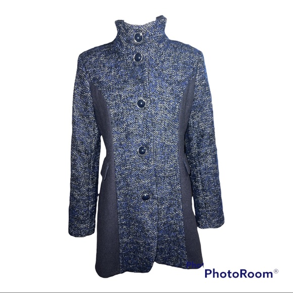 Kensie Navy Tweed Long Wool Blend Pea Coat Sz M - Picture 1 of 8